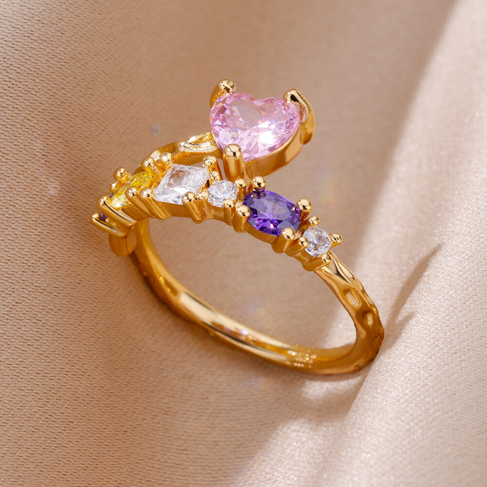 Golden Pink Zirconia Heart Ring