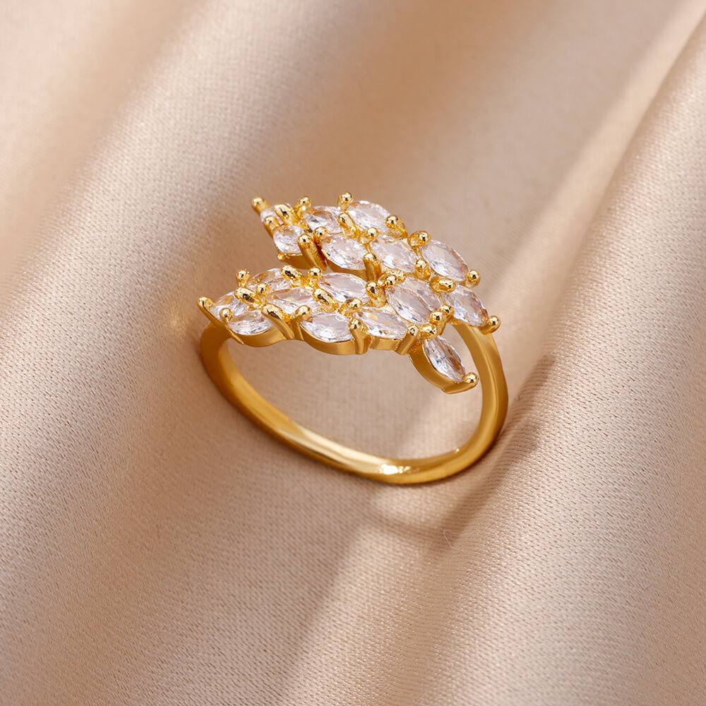 Golden Zirconia Double Leaf Ring