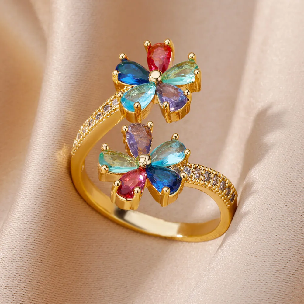 Golden Colorful Zirconia Flower Ring