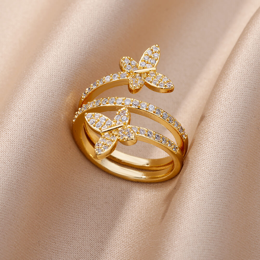 Golden Zirconia Butterflies Ring