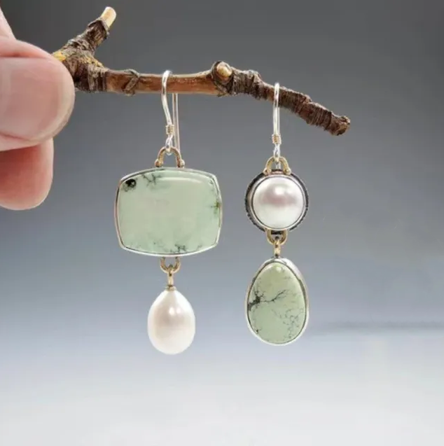 Vintage Green Stone Pearl Earrings