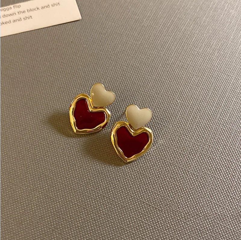 Elegant Red Golden Heart Earrings