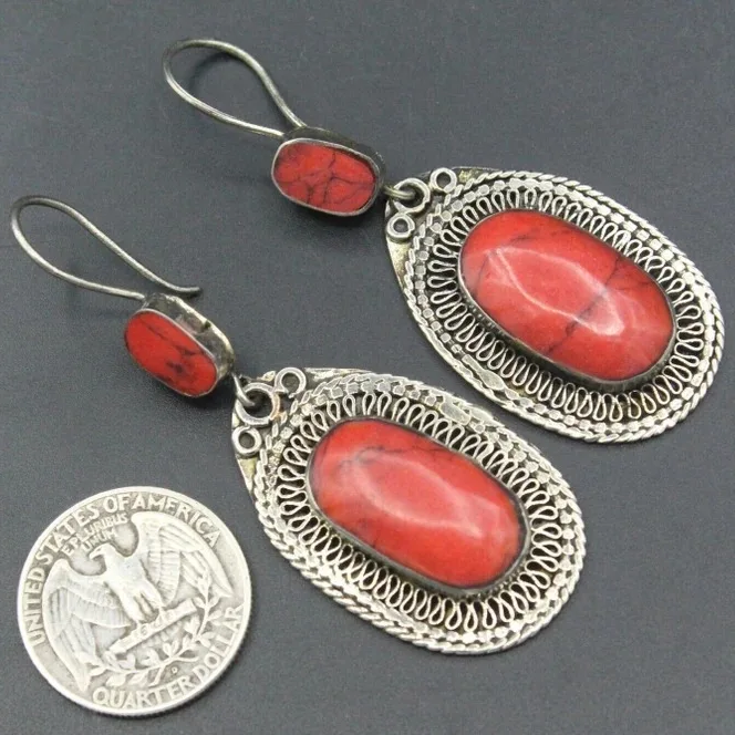 Vintage Red Oval Stone Earrings