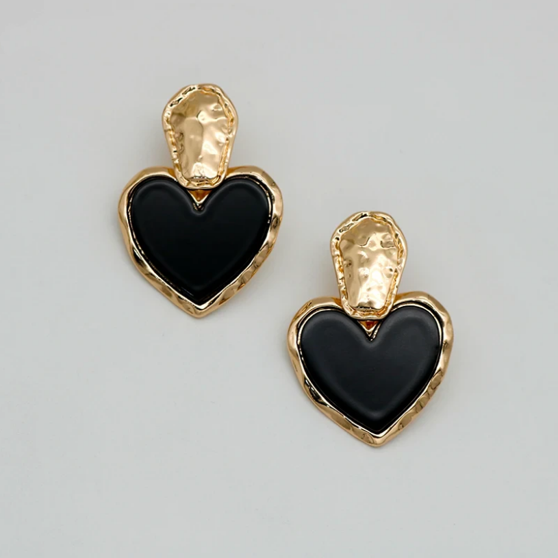 Elegant Black Heart Gold Earrings